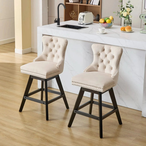 Swivel Velvet Barstools with Button Tufted Decoration and Wooden Legs, and Chrome Nailhead Trim, Leisure Style Bar Chairs,Bar stools, Set of 2 (Beige),SW1860BG Default -DTYStore