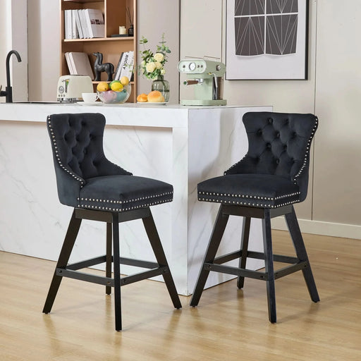 Swivel Velvet Barstools with Button Tufted Decoration and Wooden Legs, and Chrome Nailhead Trim, Leisure Style Bar Chairs,Bar stools, Set of 2 (Black),SW1860BK Default -DTYStore