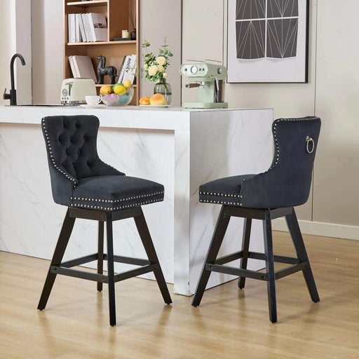 Swivel Velvet Barstools with Button Tufted Decoration and Wooden Legs, and Chrome Nailhead Trim, Leisure Style Bar Chairs,Bar stools, Set of 2 (Black),SW1860BK Default -DTYStore