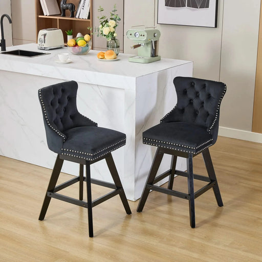 Swivel Velvet Barstools with Button Tufted Decoration and Wooden Legs, and Chrome Nailhead Trim, Leisure Style Bar Chairs,Bar stools, Set of 2 (Black),SW1860BK Default -DTYStore
