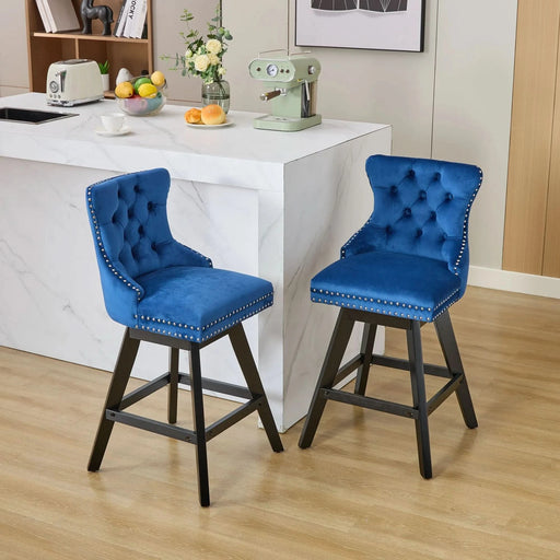 Swivel Velvet Barstools with Button Tufted Decoration and Wooden Legs, and Chrome Nailhead Trim, Leisure Style Bar Chairs,Bar stools, Set of 2 (Blue),SW1860BL Default -DTYStore