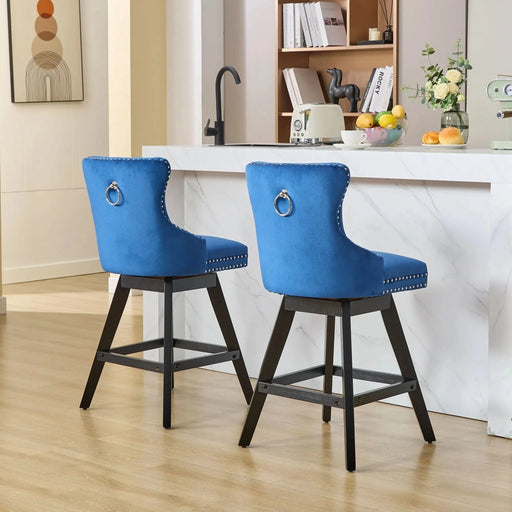 Swivel Velvet Barstools with Button Tufted Decoration and Wooden Legs, and Chrome Nailhead Trim, Leisure Style Bar Chairs,Bar stools, Set of 2 (Blue),SW1860BL Default -DTYStore