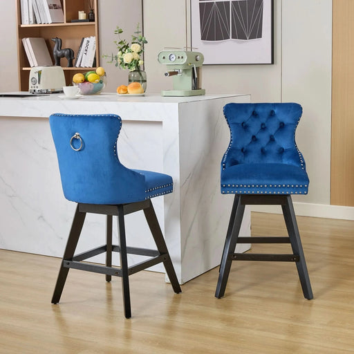 Swivel Velvet Barstools with Button Tufted Decoration and Wooden Legs, and Chrome Nailhead Trim, Leisure Style Bar Chairs,Bar stools, Set of 2 (Blue),SW1860BL Default -DTYStore