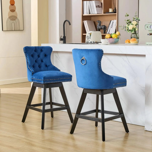 Swivel Velvet Barstools with Button Tufted Decoration and Wooden Legs, and Chrome Nailhead Trim, Leisure Style Bar Chairs,Bar stools, Set of 2 (Blue),SW1860BL Default -DTYStore