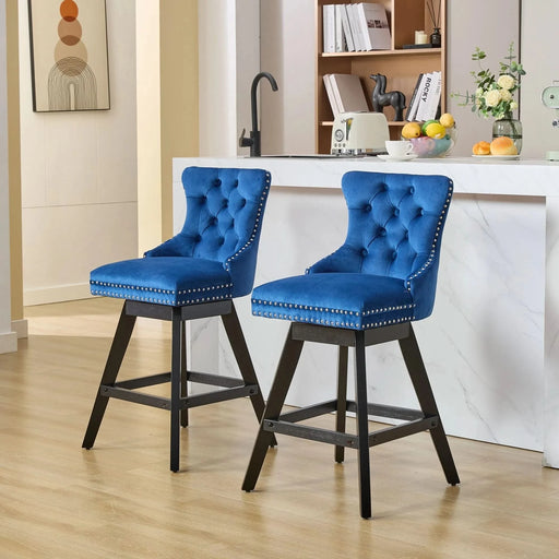 Swivel Velvet Barstools with Button Tufted Decoration and Wooden Legs, and Chrome Nailhead Trim, Leisure Style Bar Chairs,Bar stools, Set of 2 (Blue),SW1860BL Default -DTYStore