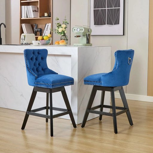 Swivel Velvet Barstools with Button Tufted Decoration and Wooden Legs, and Chrome Nailhead Trim, Leisure Style Bar Chairs,Bar stools, Set of 2 (Blue),SW1860BL Default -DTYStore