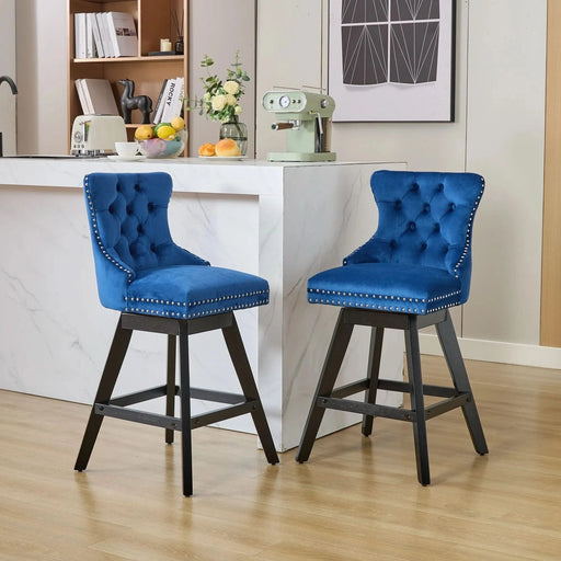 Swivel Velvet Barstools with Button Tufted Decoration and Wooden Legs, and Chrome Nailhead Trim, Leisure Style Bar Chairs,Bar stools, Set of 2 (Blue),SW1860BL Default -DTYStore