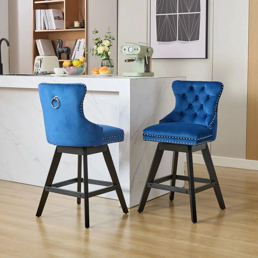 Swivel Velvet Barstools with Button Tufted Decoration and Wooden Legs, and Chrome Nailhead Trim, Leisure Style Bar Chairs,Bar stools, Set of 2 (Blue),SW1860BL Default -DTYStore