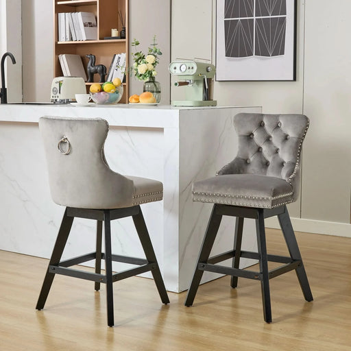 Swivel Velvet Barstools with Button Tufted Decoration and Wooden Legs, and Chrome Nailhead Trim, Leisure Style Bar Chairs,Bar stools, Set of 2 (Gray),SW1860GY Default -DTYStore