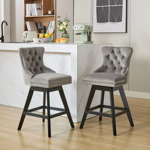 Swivel Velvet Barstools with Button Tufted Decoration and Wooden Legs, and Chrome Nailhead Trim, Leisure Style Bar Chairs,Bar stools, Set of 2 (Gray),SW1860GY Default -DTYStore