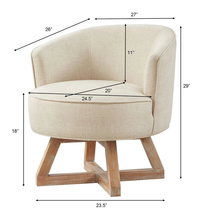 Swivel chair with cross-shaped wooden base,Lounge chair with solid wood legs, 360°freely Swivel chair , Classic linen Fabric for living room, bedroom, office, dresser -Beige Default -DTYStore
