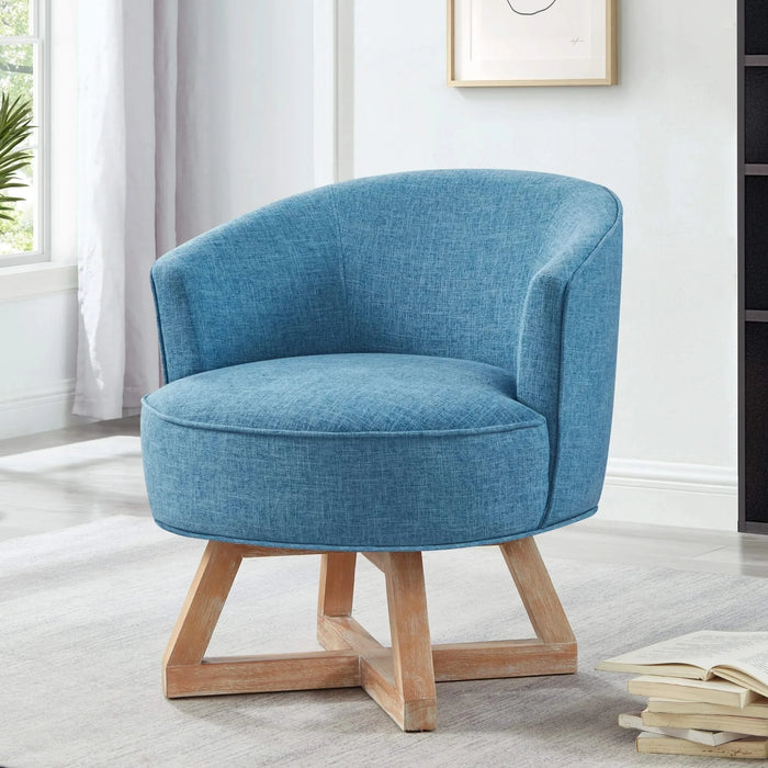 Swivel chair with cross-shaped wooden base,Lounge chair with solid wood legs, 360°freely Swivel chair , Classic linen Fabric for living room, bedroom, office, dresser -Light Blue Default -DTYStore