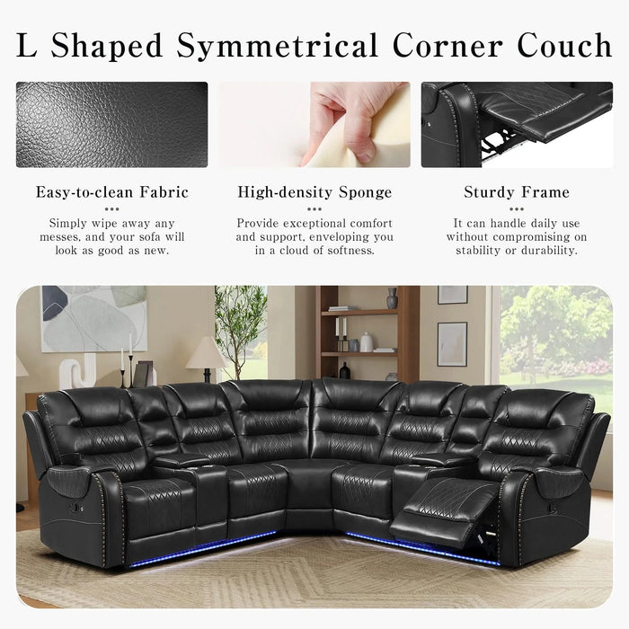 Symmetrical L-Shaped Reclining Sectional Sofa Set with Storage, Cup Holders, and LED Light Strip in Black PU Leather Default -DTYStore