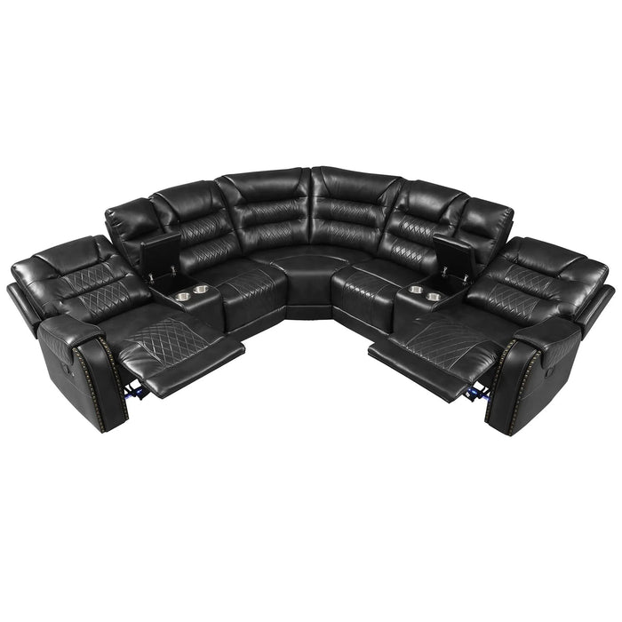 Symmetrical L-Shaped Reclining Sectional Sofa Set with Storage, Cup Holders, and LED Light Strip in Black PU Leather Default -DTYStore
