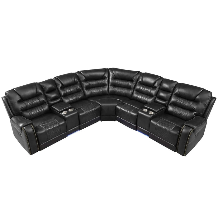 Symmetrical L-Shaped Reclining Sectional Sofa Set with Storage, Cup Holders, and LED Light Strip in Black PU Leather Default -DTYStore