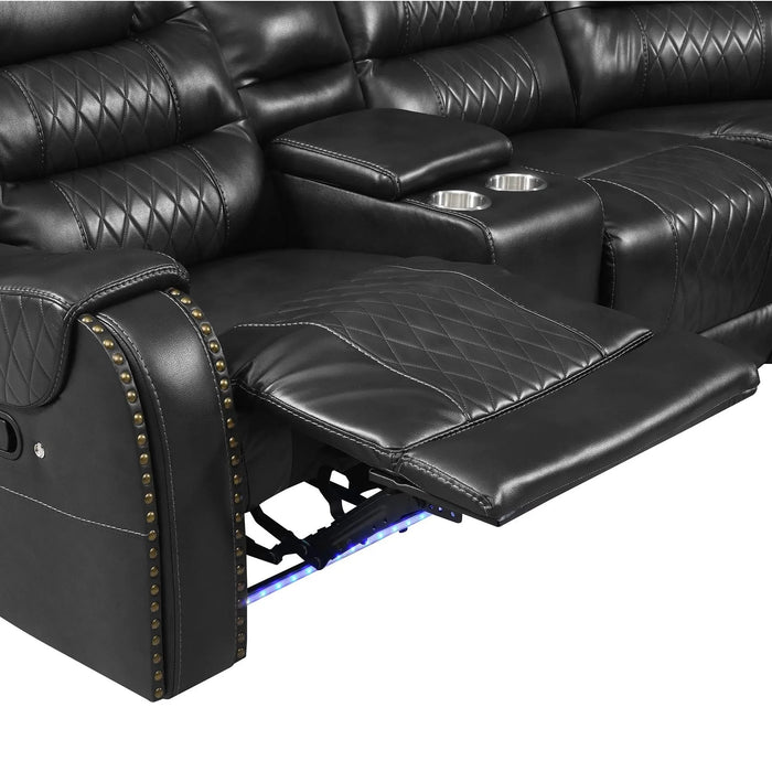 Symmetrical L-Shaped Reclining Sectional Sofa Set with Storage, Cup Holders, and LED Light Strip in Black PU Leather Default -DTYStore