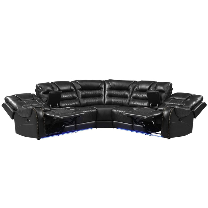 Symmetrical L-Shaped Reclining Sectional Sofa Set with Storage, Cup Holders, and LED Light Strip in Black PU Leather Default -DTYStore