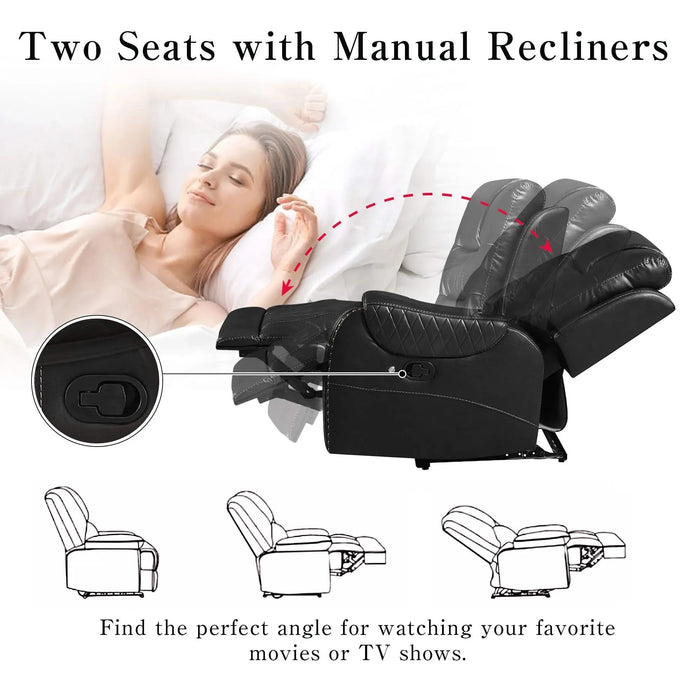 Symmetrical L-Shaped Reclining Sectional Sofa Set with Storage, Cup Holders, and LED Light Strip in Black PU Leather Default -DTYStore