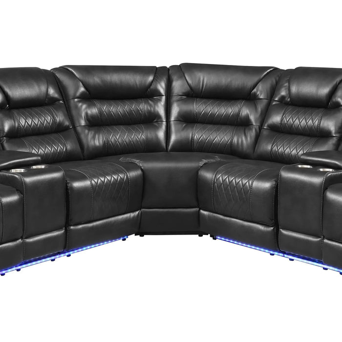 Symmetrical L-Shaped Reclining Sectional Sofa Set with Storage, Cup Holders, and LED Light Strip in Black PU Leather Default -DTYStore
