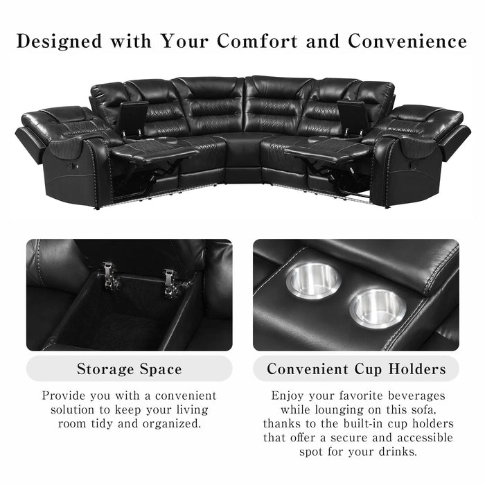Symmetrical L-Shaped Reclining Sectional Sofa Set with Storage, Cup Holders, and LED Light Strip in Black PU Leather Default -DTYStore