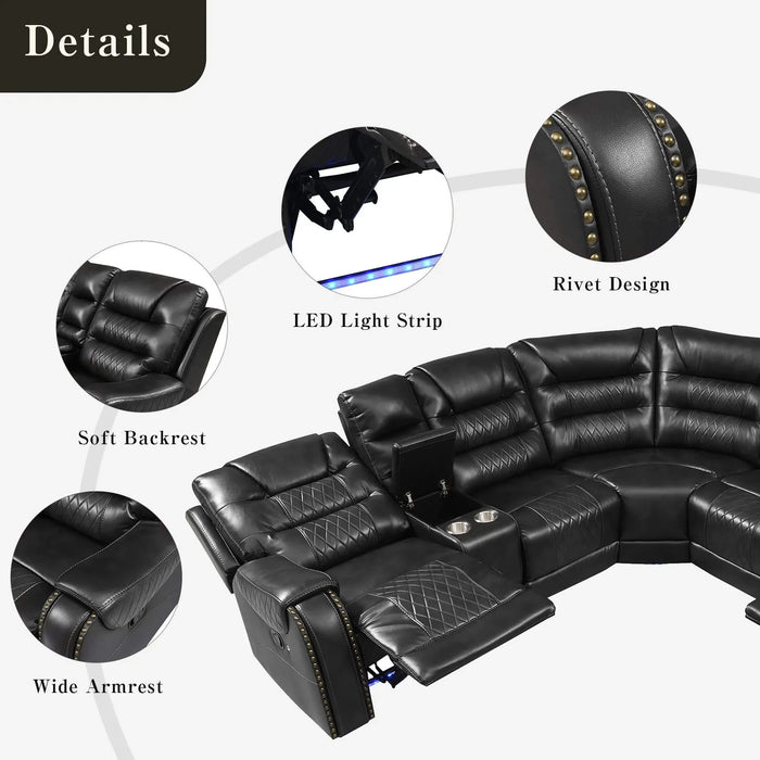 Symmetrical L-Shaped Reclining Sectional Sofa Set with Storage, Cup Holders, and LED Light Strip in Black PU Leather Default -DTYStore