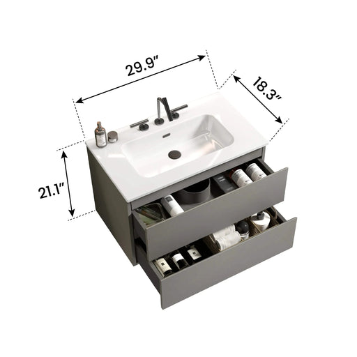 TIA 30' Wall Mount Space grey Bathroom Vanity with Ceramic Sink with Three Faucet Holes, Large Storage Floating Bathroom Vanity for Modern Bathroom, Pre-assembled Default -DTYStore