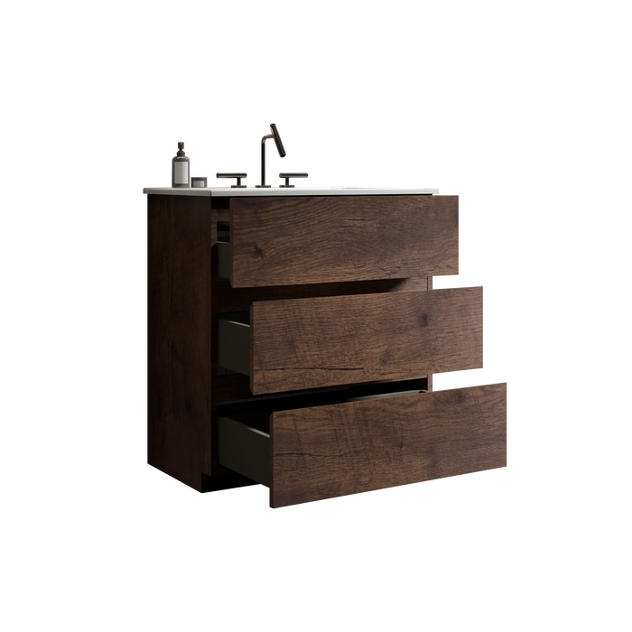 TIA 30' Walnut Bathroom Vanity with Sink with 3 Faucet Holes, Large Storage Freestanding Bathroom Vanity for Modern Bathroom, One-Piece White Sink Basin without Drain and Faucet, Pre-assemble Default -DTYStore