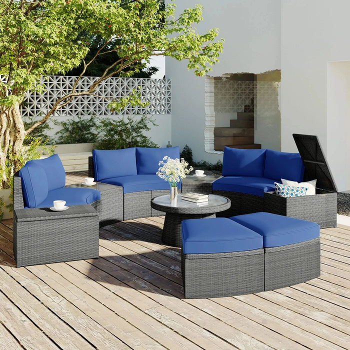 TOPMAX 10-Piece Outdoor Sectional Half Round Patio Rattan Sofa Set, PE Wicker Conversation Furniture Set for Free Combination, Blue Default -DTYStore