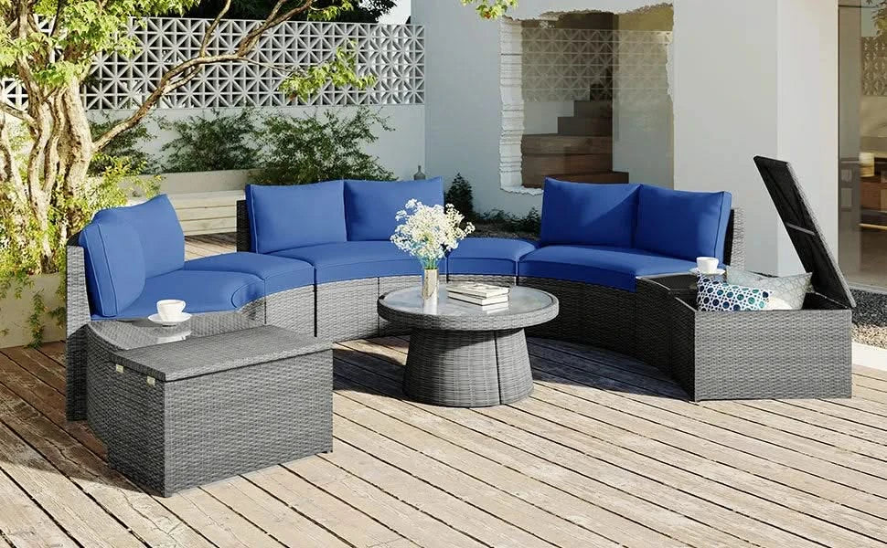 TOPMAX 10-Piece Outdoor Sectional Half Round Patio Rattan Sofa Set, PE Wicker Conversation Furniture Set for Free Combination, Blue Default -DTYStore