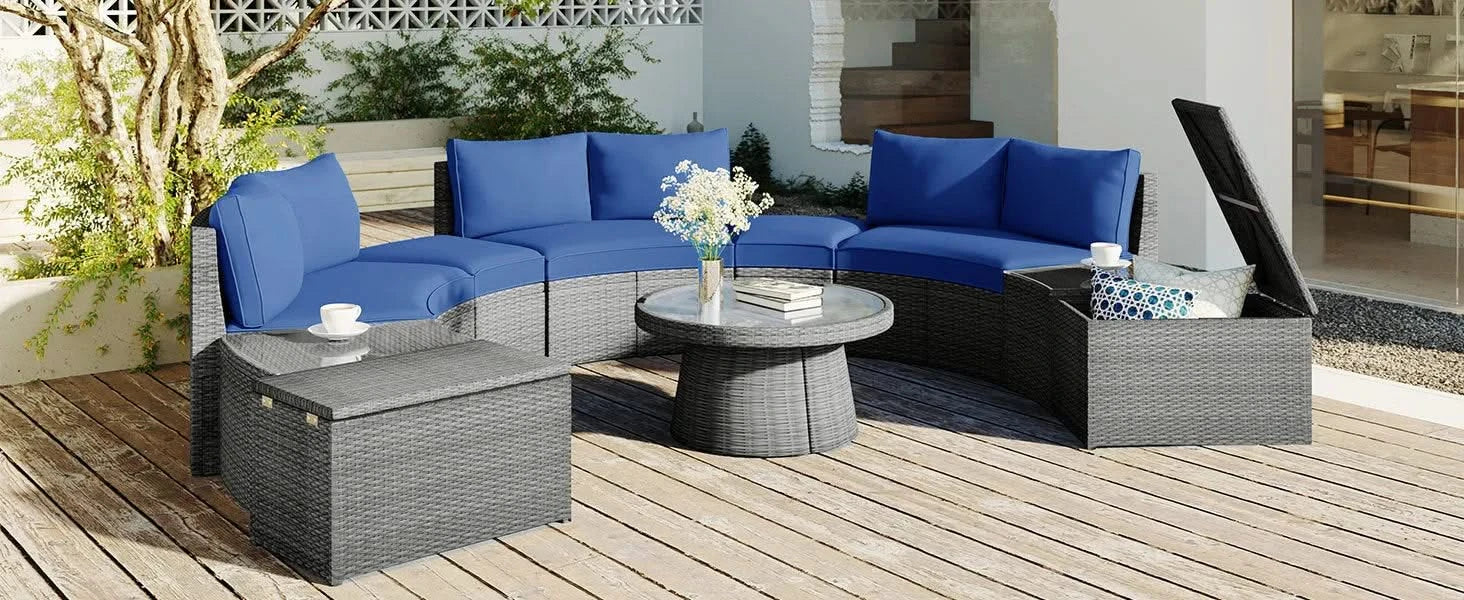 TOPMAX 10-Piece Outdoor Sectional Half Round Patio Rattan Sofa Set, PE Wicker Conversation Furniture Set for Free Combination, Blue Default -DTYStore