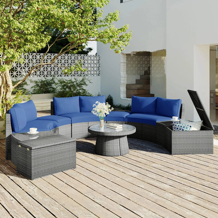 TOPMAX 10-Piece Outdoor Sectional Half Round Patio Rattan Sofa Set, PE Wicker Conversation Furniture Set for Free Combination, Blue Default -DTYStore