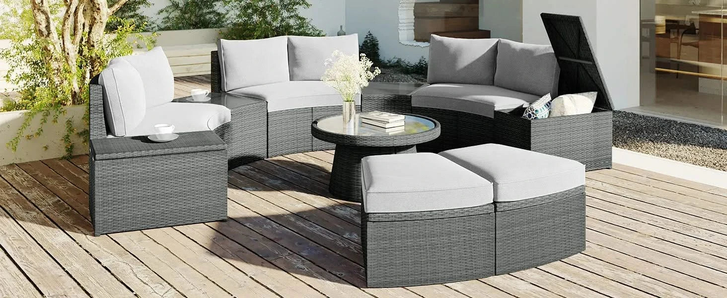 TOPMAX 10-Piece Outdoor Sectional Half Round Patio Rattan Sofa Set, PE Wicker Conversation Furniture Set for Free Combination, Light Gray Default -DTYStore