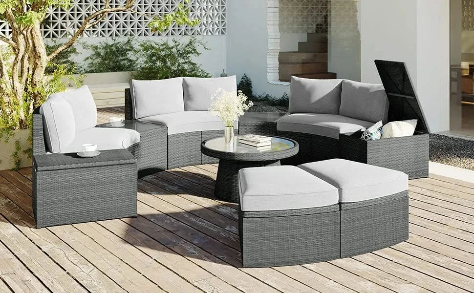 TOPMAX 10-Piece Outdoor Sectional Half Round Patio Rattan Sofa Set, PE Wicker Conversation Furniture Set for Free Combination, Light Gray Default -DTYStore