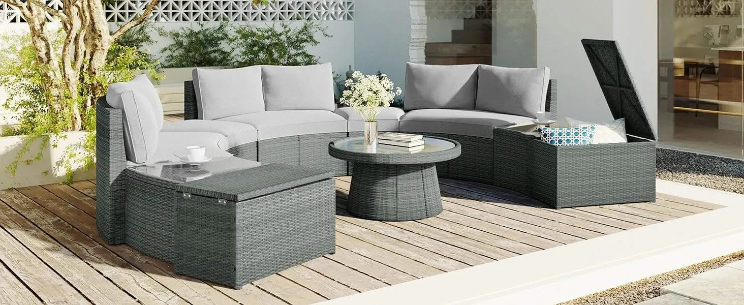 TOPMAX 10-Piece Outdoor Sectional Half Round Patio Rattan Sofa Set, PE Wicker Conversation Furniture Set for Free Combination, Light Gray Default -DTYStore