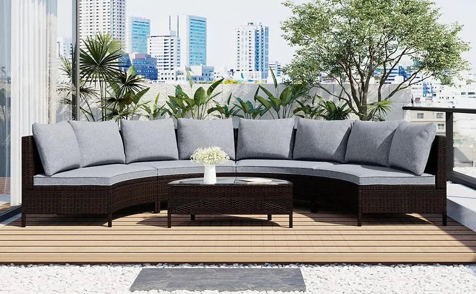 TOPMAX 5 Pieces All-Weather Brown PE Rattan Wicker Sofa Set Outdoor Patio Sectional Furniture Set Half-Moon Sofa Set with Tempered Glass Table, Gray Default -DTYStore