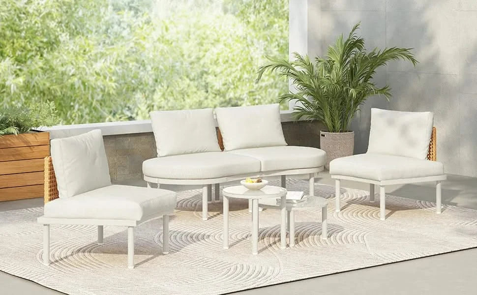 TOPMAX 6-Piece Patio Sofa Furniture Set, Half Moon Outdoor Sectional Sofa with 2 High-Low Coffee Tables, PE Wicker Rattan, Tempered Glass, 4 Pillows & Cushions, for Backyard, Garden, Poolside,Beige Default -DTYStore