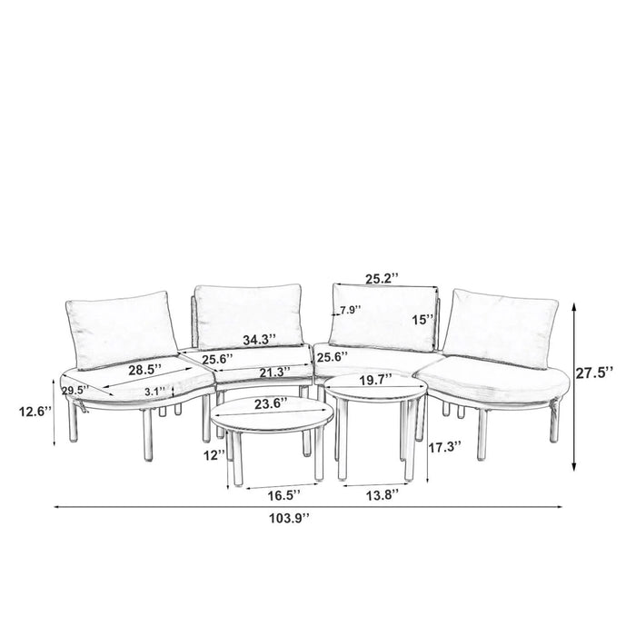 TOPMAX 6-Piece Patio Sofa Furniture Set, Half Moon Outdoor Sectional Sofa with 2 High-Low Coffee Tables, PE Wicker Rattan, Tempered Glass, 4 Pillows & Cushions, for Backyard, Garden, Poolside,Beige Default -DTYStore