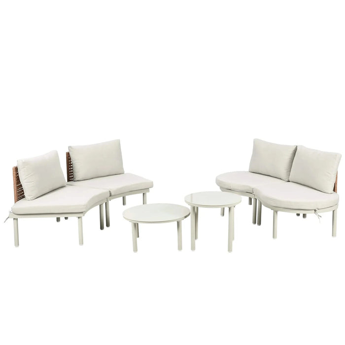 TOPMAX 6-Piece Patio Sofa Furniture Set, Half Moon Outdoor Sectional Sofa with 2 High-Low Coffee Tables, PE Wicker Rattan, Tempered Glass, 4 Pillows & Cushions, for Backyard, Garden, Poolside,Beige Default -DTYStore