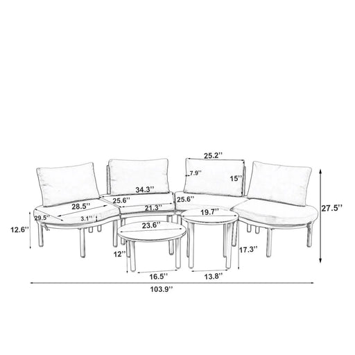 TOPMAX 6-Piece Patio Sofa Furniture Set, Half Moon Outdoor Sectional Sofa with 2 High-Low Coffee Tables, PE Wicker Rattan, Tempered Glass, 4 Pillows & Cushions, for Backyard, Garden, Poolside,Gray Default -DTYStore