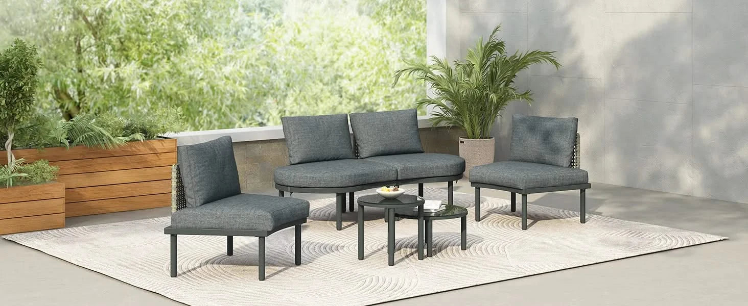 TOPMAX 6-Piece Patio Sofa Furniture Set, Half Moon Outdoor Sectional Sofa with 2 High-Low Coffee Tables, PE Wicker Rattan, Tempered Glass, 4 Pillows & Cushions, for Backyard, Garden, Poolside,Gray Default -DTYStore