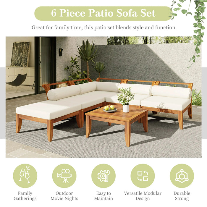 TOPMAX 6 Piece Patio Sofa Set, Acacia Wood Outdoor Modular Sectional Garden Furniture Set L-Shaped Conversation Set, Convertible Daybed with Tea Table, Ottoman, 5 Cushions and Pillows, Teak+Beige Default -DTYStore
