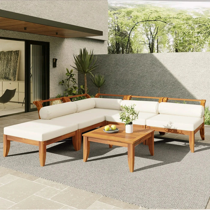 TOPMAX 6 Piece Patio Sofa Set, Acacia Wood Outdoor Modular Sectional Garden Furniture Set L-Shaped Conversation Set, Convertible Daybed with Tea Table, Ottoman, 5 Cushions and Pillows, Teak+Beige Default -DTYStore