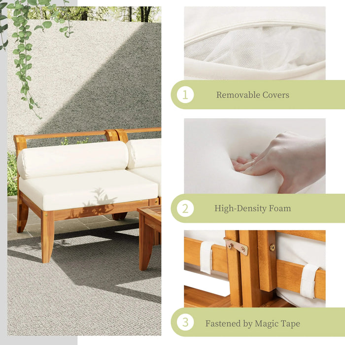 TOPMAX 6 Piece Patio Sofa Set, Acacia Wood Outdoor Modular Sectional Garden Furniture Set L-Shaped Conversation Set, Convertible Daybed with Tea Table, Ottoman, 5 Cushions and Pillows, Teak+Beige Default -DTYStore