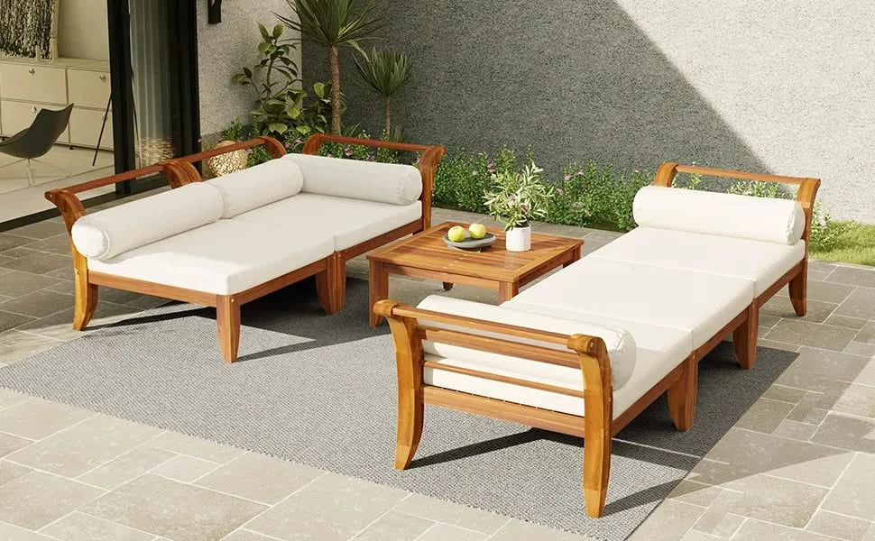 TOPMAX 6 Piece Patio Sofa Set, Acacia Wood Outdoor Modular Sectional Garden Furniture Set L-Shaped Conversation Set, Convertible Daybed with Tea Table, Ottoman, 5 Cushions and Pillows, Teak+Beige Default -DTYStore