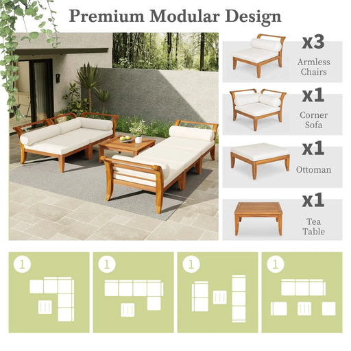 TOPMAX 6 Piece Patio Sofa Set, Acacia Wood Outdoor Modular Sectional Garden Furniture Set L-Shaped Conversation Set, Convertible Daybed with Tea Table, Ottoman, 5 Cushions and Pillows, Teak+Beige Default -DTYStore