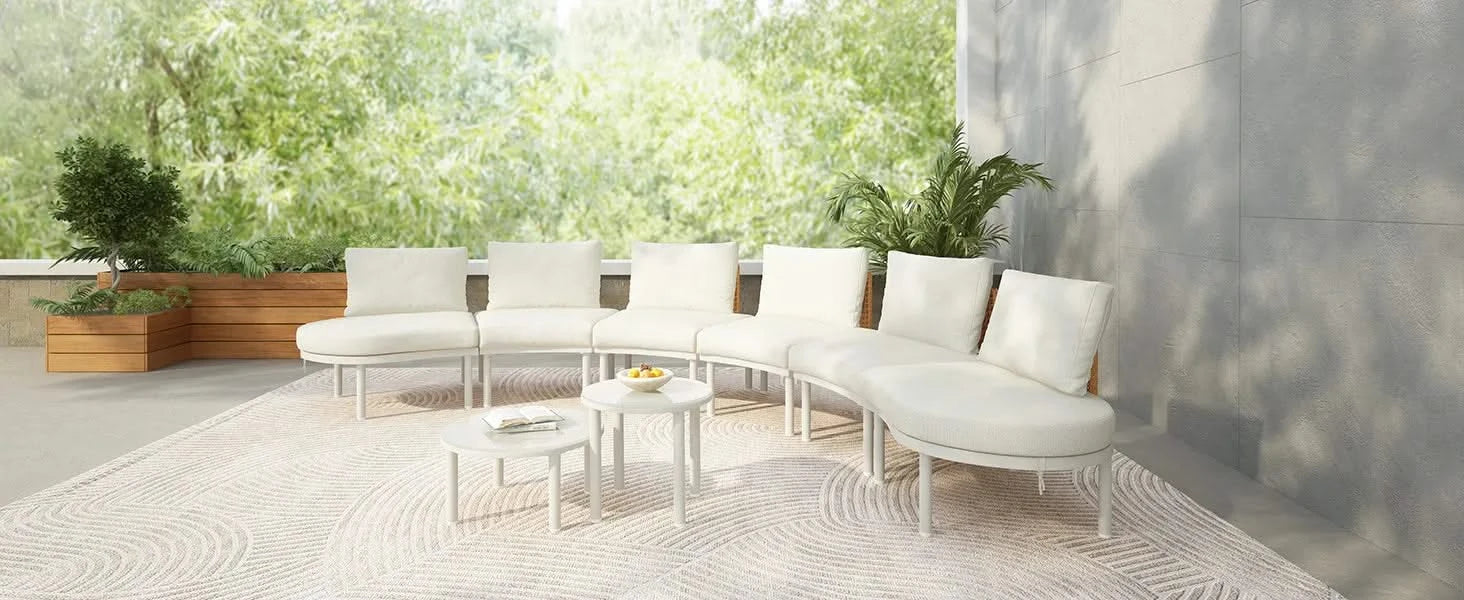 TOPMAX 8-Piece Patio Sofa Furniture Set, Half Moon Outdoor Sectional Sofa with 2 High-Low Coffee Tables, PE Wicker Rattan, Tempered Glass, 6 Pillows & Cushions, for Backyard, Garden, Poolside,Beige Default -DTYStore