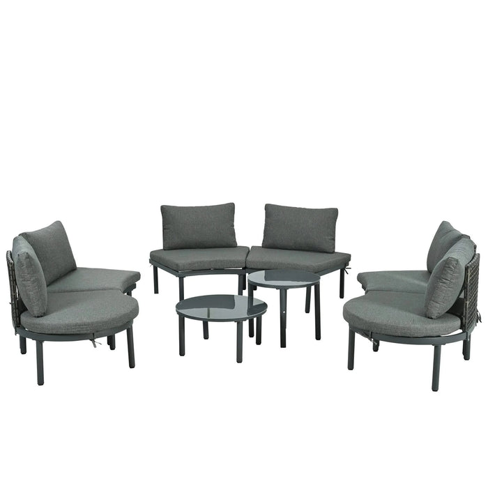TOPMAX 8-Piece Patio Sofa Furniture Set, Half Moon Outdoor Sectional Sofa with 2 High-Low Coffee Tables, PE Wicker Rattan, Tempered Glass, 6 Pillows & Cushions, for Backyard, Garden, Poolside,Gray Default -DTYStore