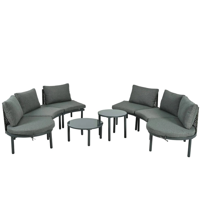 TOPMAX 8-Piece Patio Sofa Furniture Set, Half Moon Outdoor Sectional Sofa with 2 High-Low Coffee Tables, PE Wicker Rattan, Tempered Glass, 6 Pillows & Cushions, for Backyard, Garden, Poolside,Gray Default -DTYStore