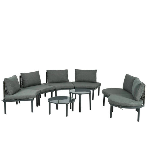 TOPMAX 8-Piece Patio Sofa Furniture Set, Half Moon Outdoor Sectional Sofa with 2 High-Low Coffee Tables, PE Wicker Rattan, Tempered Glass, 6 Pillows & Cushions, for Backyard, Garden, Poolside,Gray Default -DTYStore