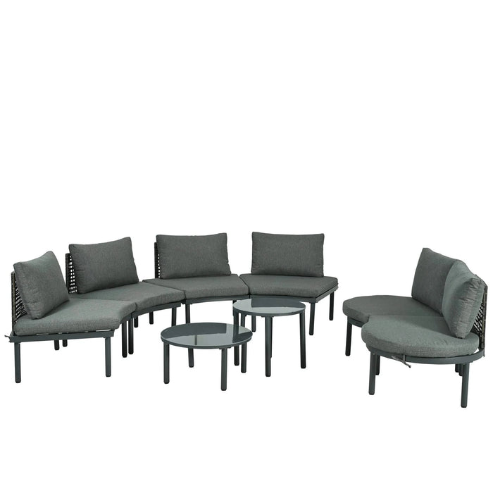 TOPMAX 8-Piece Patio Sofa Furniture Set, Half Moon Outdoor Sectional Sofa with 2 High-Low Coffee Tables, PE Wicker Rattan, Tempered Glass, 6 Pillows & Cushions, for Backyard, Garden, Poolside,Gray Default -DTYStore